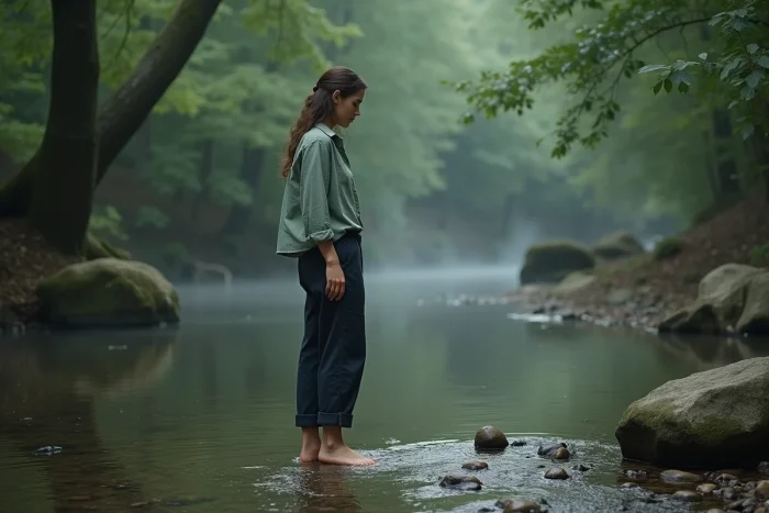 Femme debout pieds nus au bord d'un ruisseau forestier pratiquant l'ancrage naturel pour calmer le système nerveux