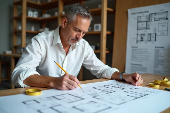 Architecte calculant la superficie nécessaire par personne sur des plans d'aménagement intérieur pour optimiser l'espace disponible
