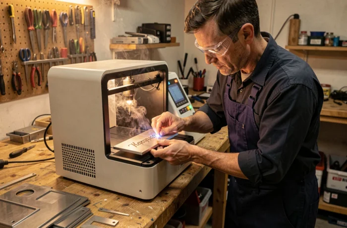 Artisan graveur utilisant une machine à gravure laser pour personnaliser une plaque de boîte aux lettres en aluminium anodisé dans son atelier