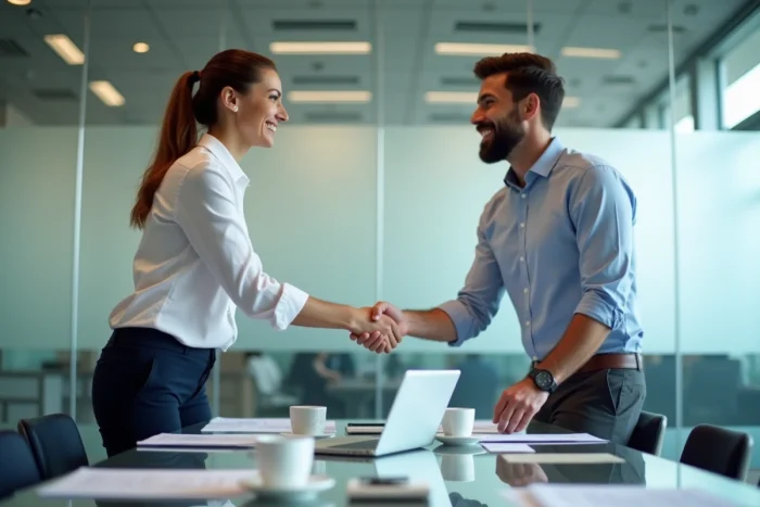 Deux associés concluant un accord commercial avec une poignée de mains dans une salle de réunion professionnelle