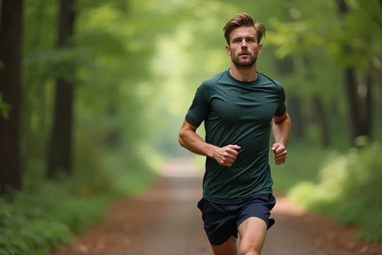 Jeune athlète courant en forêt avec vêtements recyclés