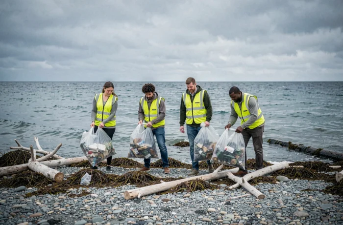 Groupe de bénévoles ramassant des déchets sur une plage rocheuse lors d'une opération de nettoyage côtier