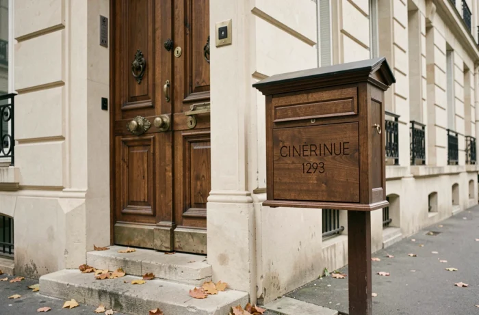 Boîte aux lettres en bois avec plaque gravée au laser affichant le nom de famille et numéro de maison, à l'entrée d'un immeuble parisien