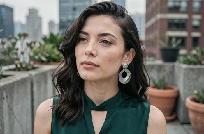 Femme avec boucles d'oreilles sculptées en argent oxydé, bijoux tendance printemps 2024 sur terrasse urbaine