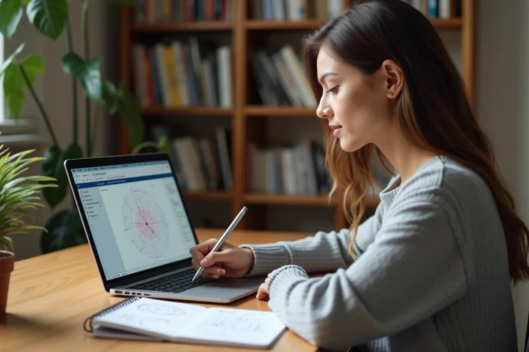 Jeune femme utilisant un outil en ligne pour calculer la surface d'un cercle sur un ordinateur portable, avec un cahier de notes mathématiques sur un bureau en bois