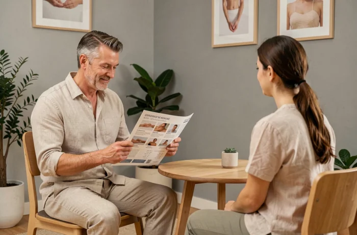 Client consultant les forfaits et prestations de massage dans un studio de bien-être