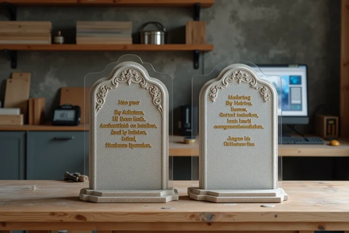 Comparaison d'une plaque funéraire en pierre et d'une plaque en plexiglas acrylate sur un établi d'artisan