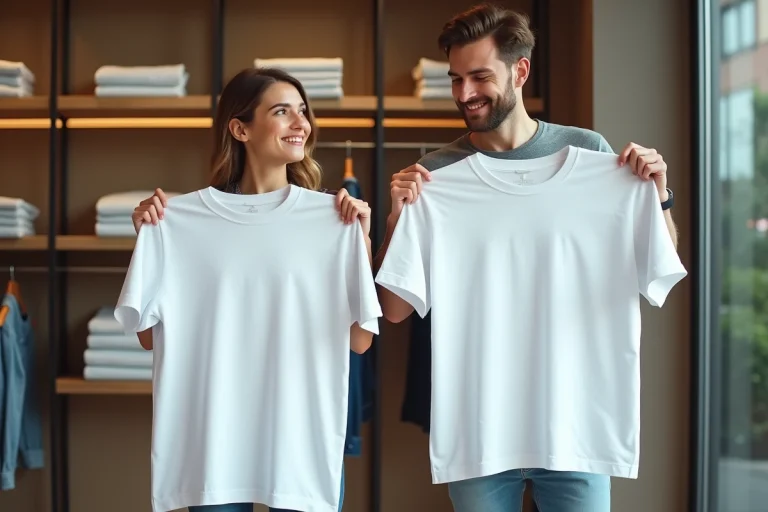 Deux adultes comparant des t-shirts blancs de tailles différentes
