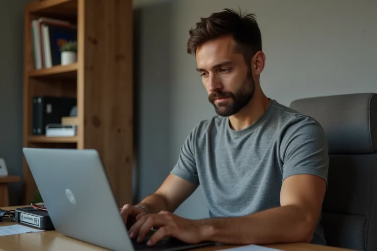 Homme configurant son routeur en accédant à l'interface 192.168.1.1 sur un ordinateur portable dans un bureau à domicile