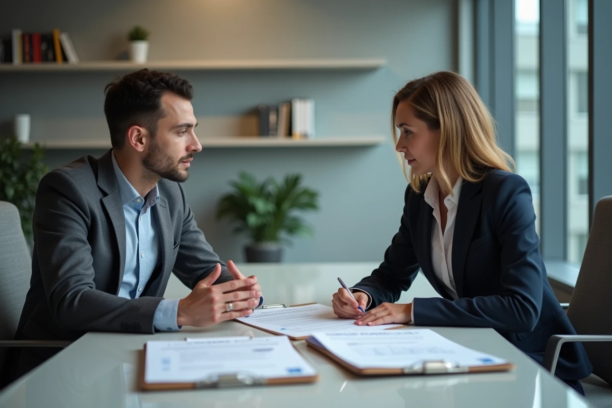 Conseillère discutant avec un jeune homme autour de dossiers de licence