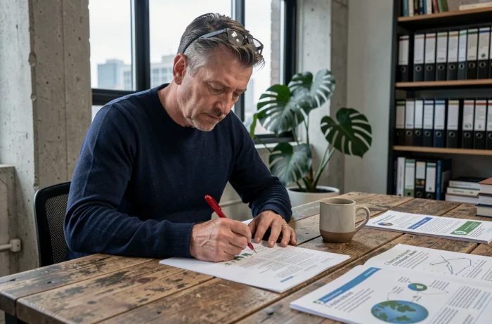 Homme d'une quarantaine d'années annotant un rapport de développement durable dans un espace de coworking moderne