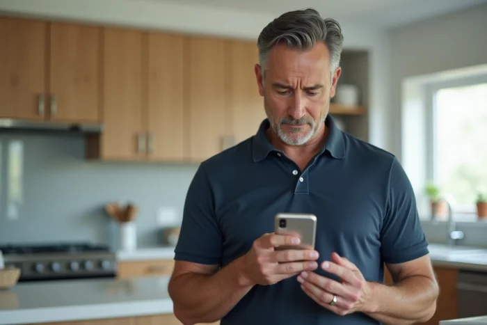 Homme vérifiant sur smartphone le statut de sa déclaration de cession de véhicule sur le portail administratif ANTS