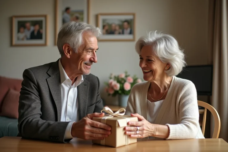 Couple de seniors échangeant un cadeau d anniversaire dans un salon chaleureux