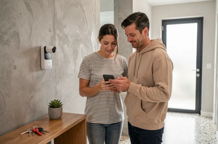 Couple consultant une application de sécurité connectée dans l'entrée d'une maison moderne avec serrure intelligente