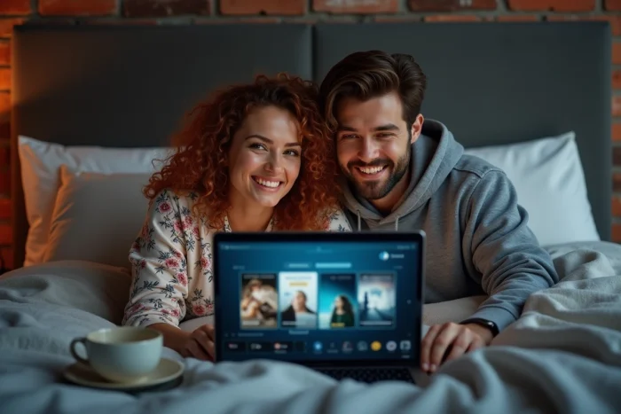 Couple regardant un film en streaming sur un ordinateur portable dans une chambre cosy
