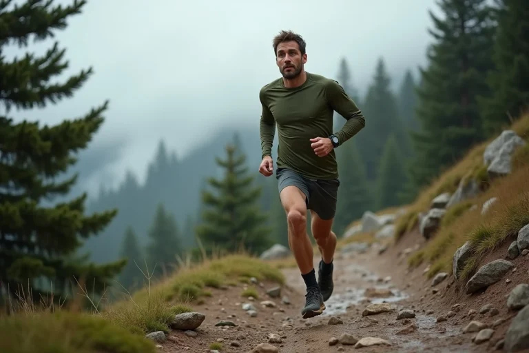 Coureur d'ultra-endurance en pleine foulée sur un sentier de montagne rocheux entouré de forêts de pins et de brume