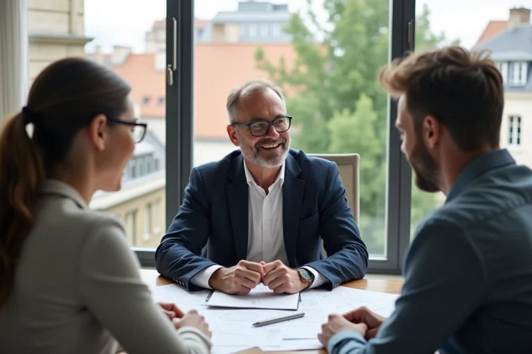 Courtier immobilier souriant avec couple à Toulouse