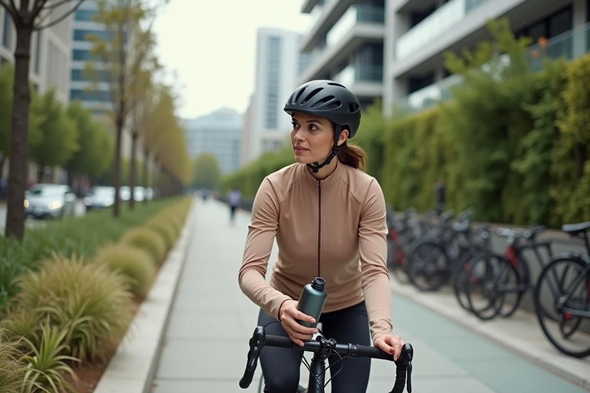 Femme cycliste ajustant sa bouteille dans un environnement urbain