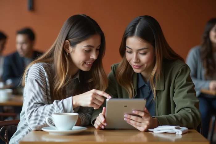 Deux femmes analysant ensemble les erreurs courantes liées aux GIFs dans les stories Instagram sur une tablette