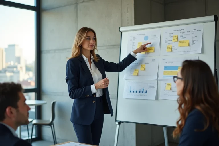Femme dirigeante présentant une stratégie d'entreprise devant un tableau blanc dans un bureau moderne lors d'une réunion d'équipe