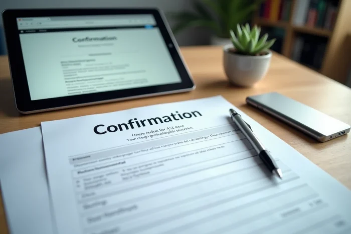 Documents de cession de véhicule posés sur un bureau avec une tablette affichant la confirmation d'enregistrement sur le site de l'ANTS