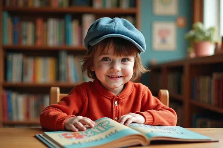 Jeune enfant lisant un livre vintage OuiOui dans une bibliothèque