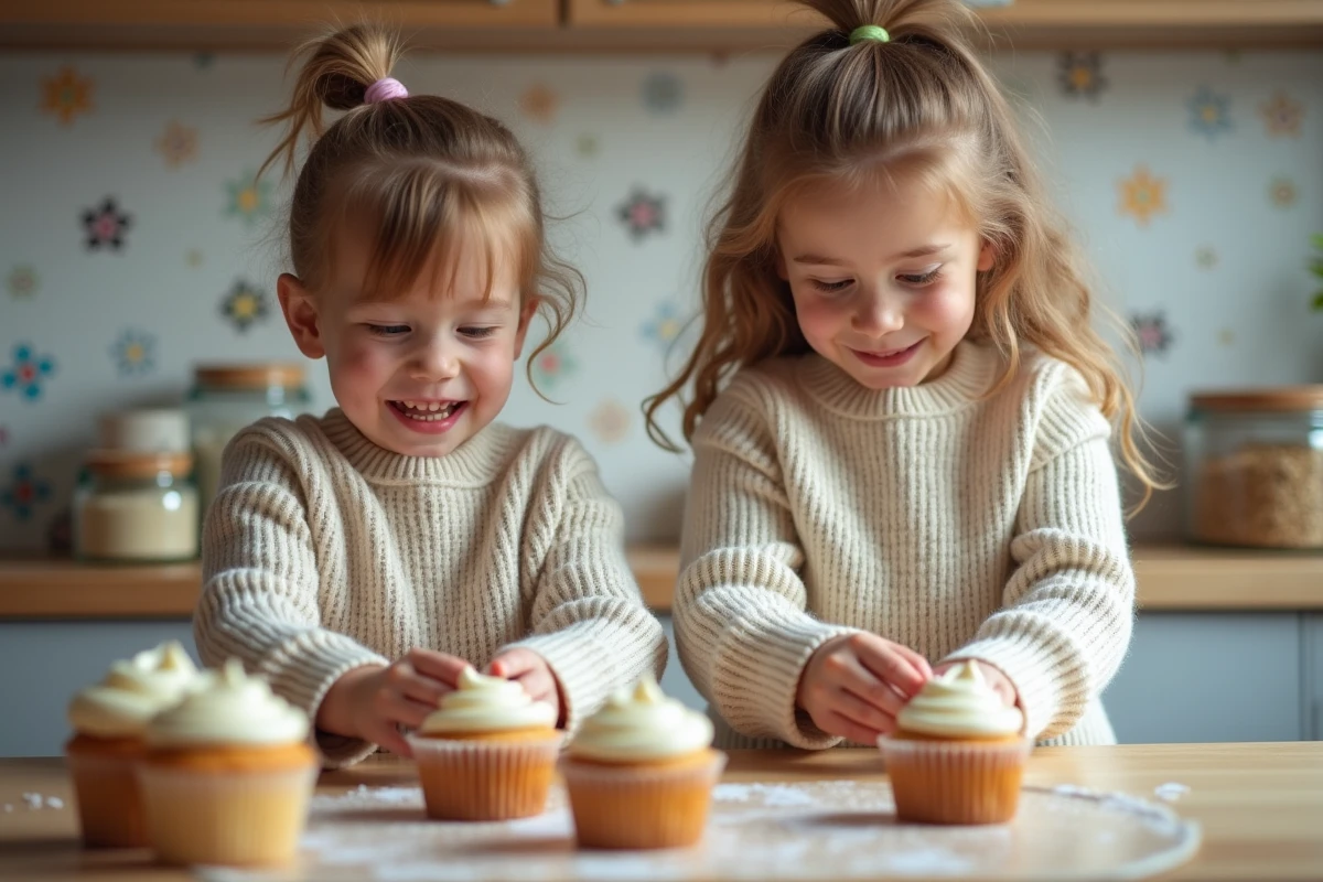 Enfants décorant des cupcakes dans une cuisine lumineuse
