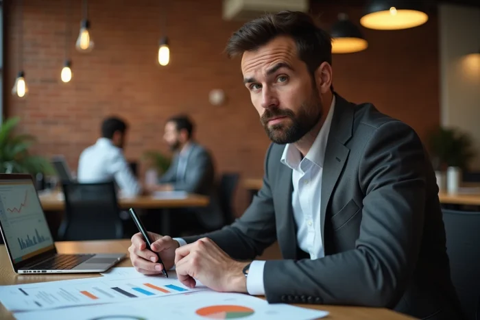 Entrepreneur analysant des documents financiers et des graphiques de croissance dans un espace de coworking contemporain