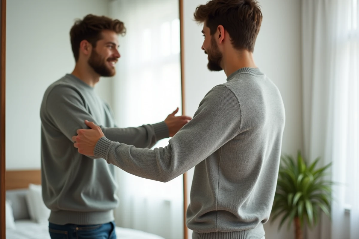 Jeune homme essayant deux pulls légers en miroir