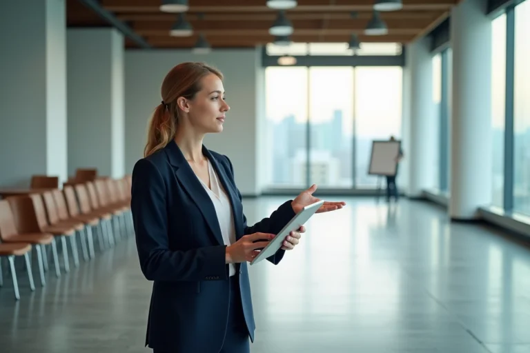 Professionnelle de l'événementiel estimant la capacité d'une salle de conférence vide en calculant le nombre de personnes par m²