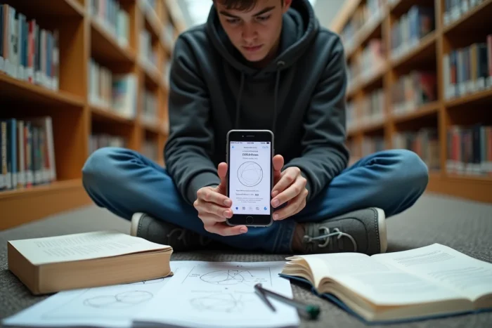 Étudiant assis dans une bibliothèque utilisant un smartphone pour calculer rapidement la surface d'un cercle avec un outil en ligne, entouré de manuels de géométrie