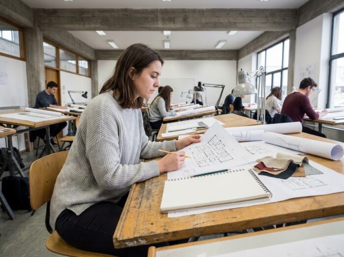 Étudiante en école d'architecture d'intérieur travaillant sur des plans au sein d'un studio académique moderne