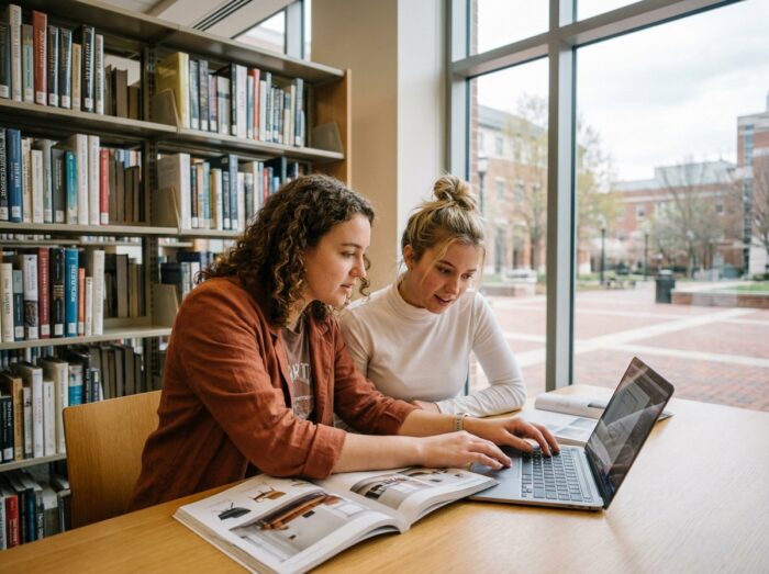 Deux étudiantes en design d'intérieur consultant des ressources documentaires dans la bibliothèque d'une école d'architecture