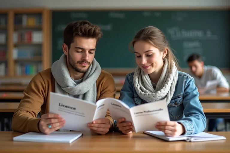Deux étudiants en université comparant des brochures de licence