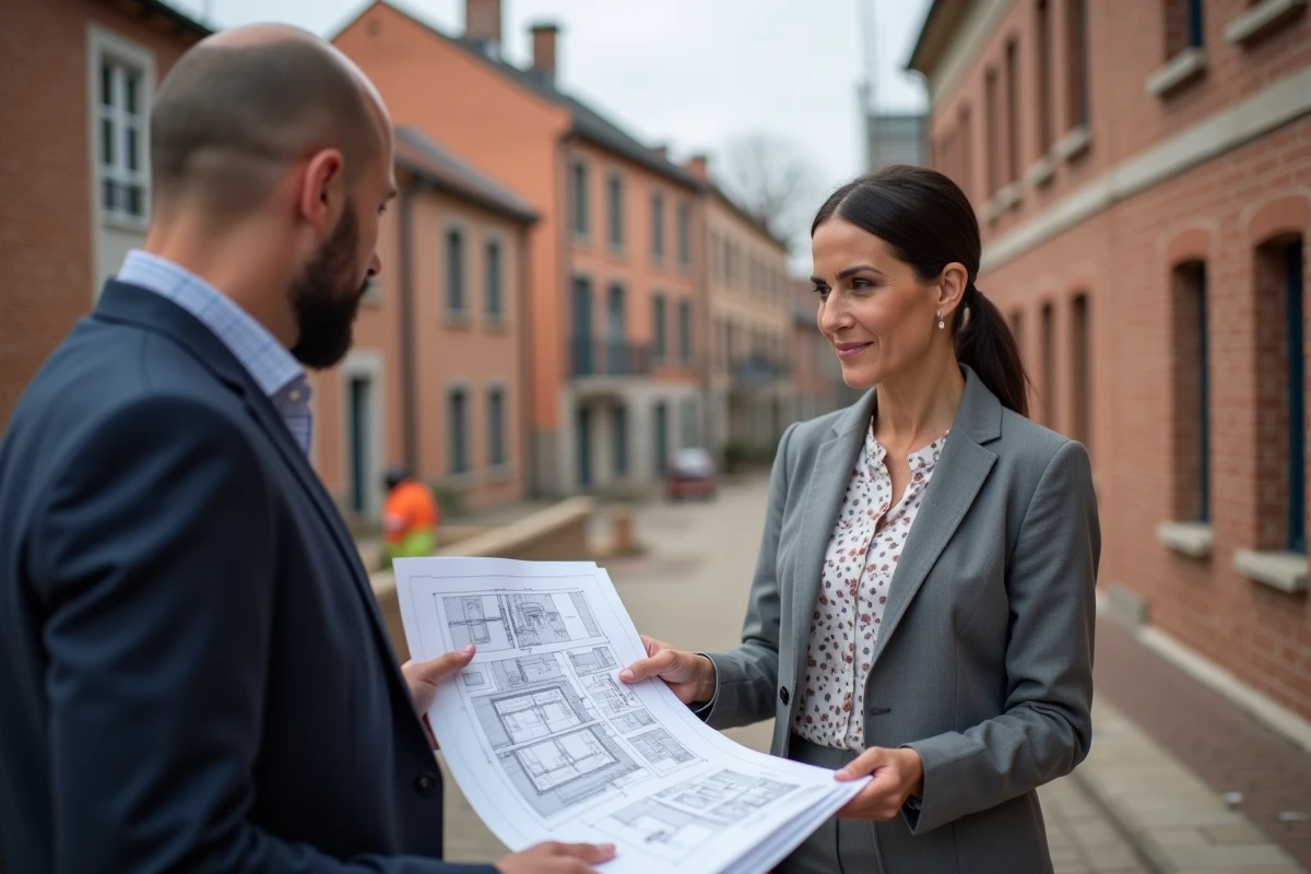 Femme professionnelle montrant plans sur chantier à Toulouse