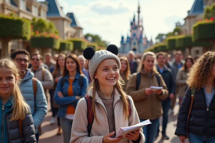 Famille souriante en attente devant le château de Disney