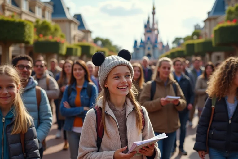 Famille souriante en attente devant le château de Disney