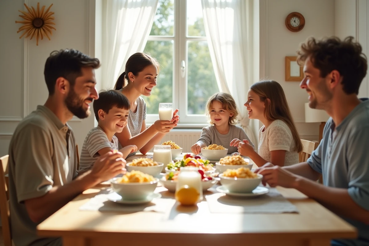 Famille de quatre autour d un petit déjeuner convivial avec céréales et fruits