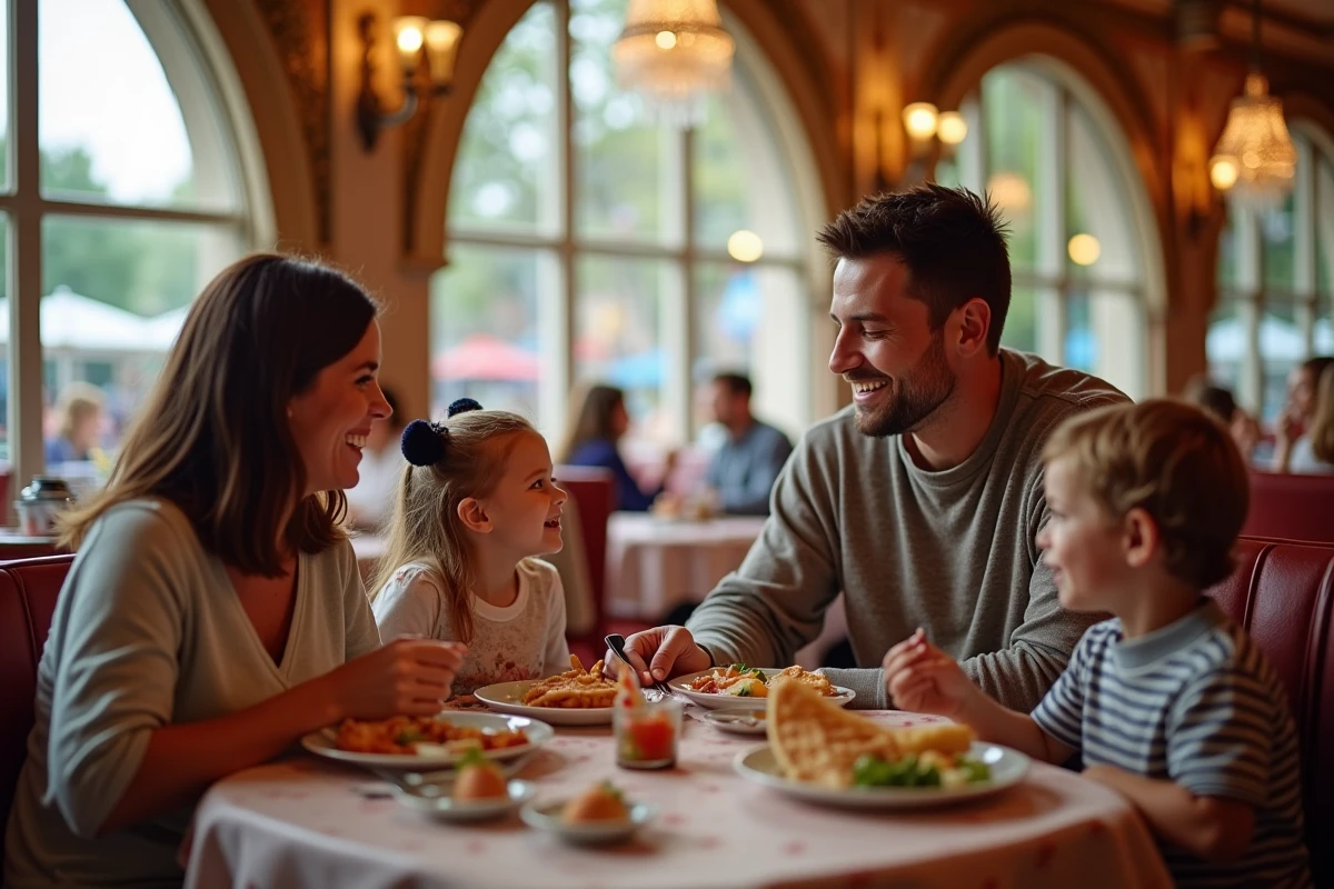 Famille dégustant un repas dans un restaurant Disney