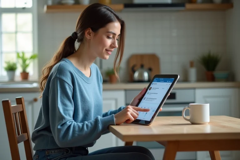 Femme relaxee utilisant une tablette dans sa cuisine moderne