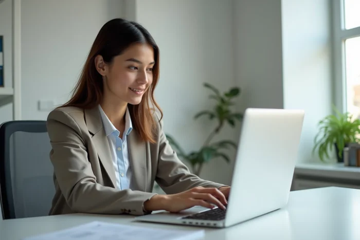 Jeune femme au bureau travaillant sur son ordinateur