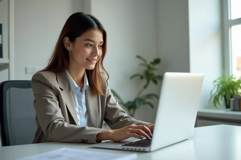 Jeune femme au bureau travaillant sur son ordinateur