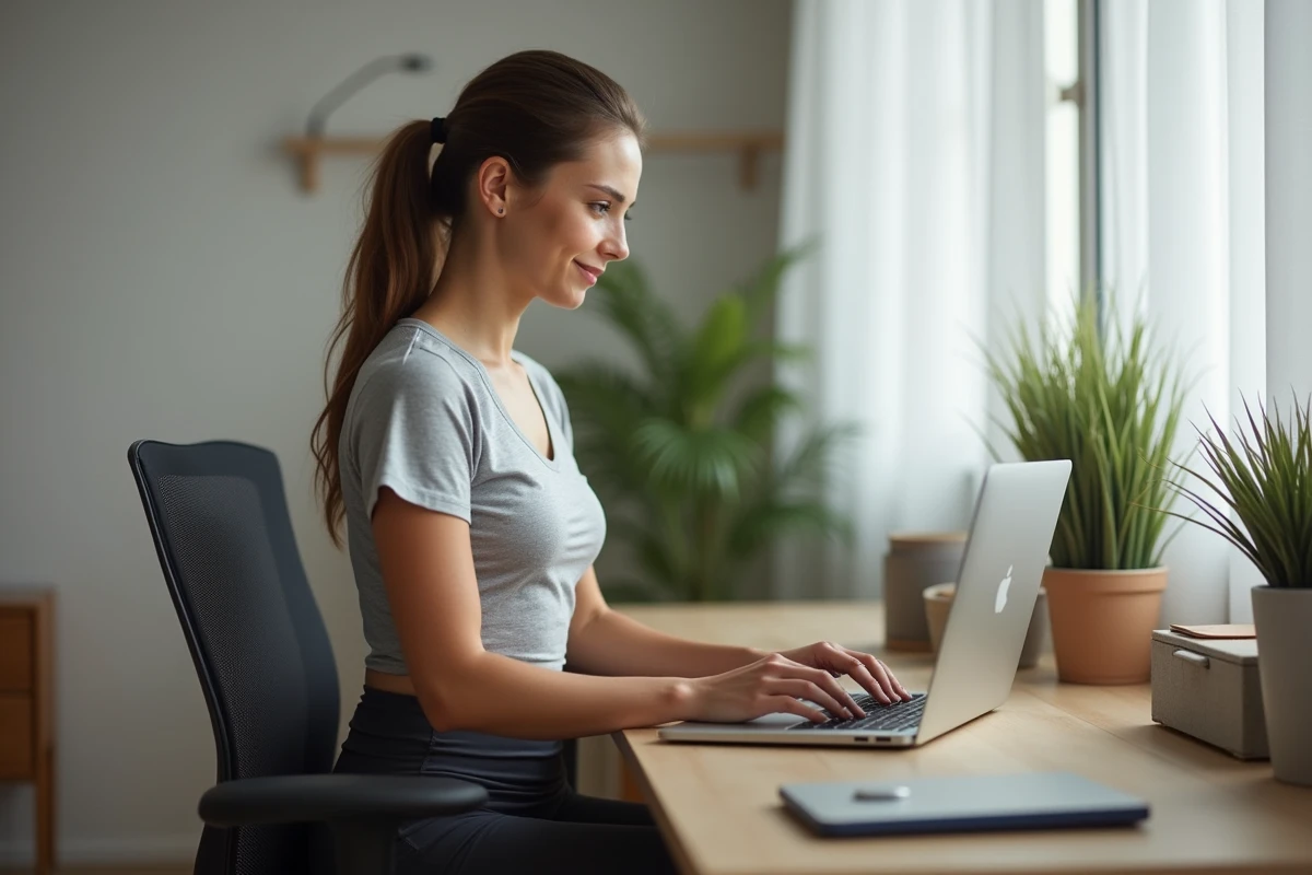 Femme assise à son bureau avec t-shirt de maintien