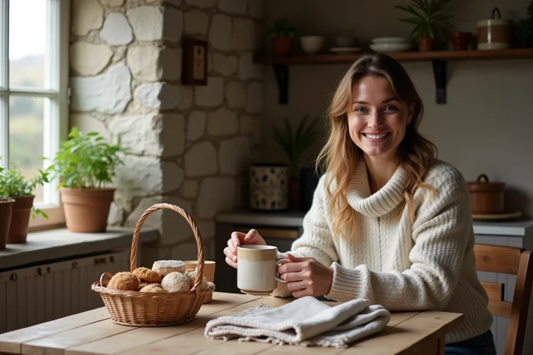 Femme souriante avec mug breton en cuisine chaleureuse