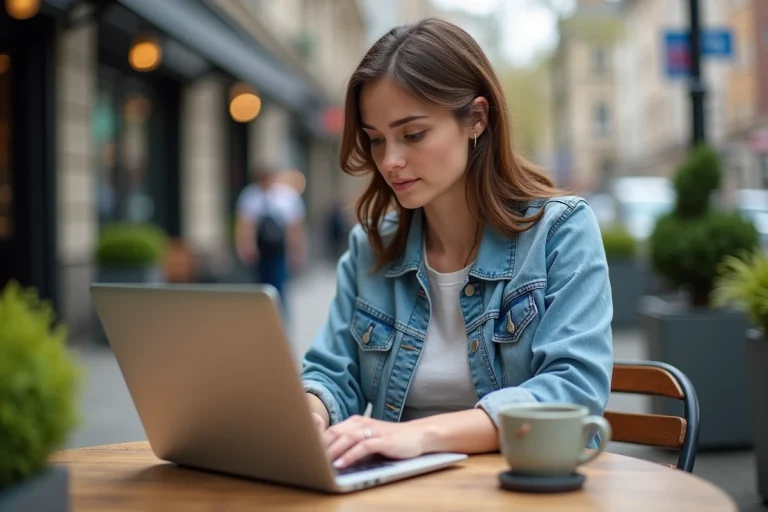 Femme assise au café urbain avec son ordinateur portable