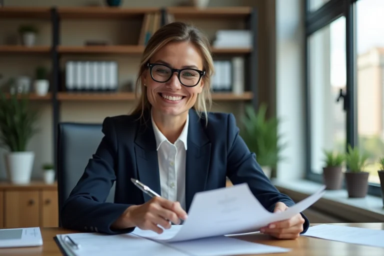 Femme souriante en blazer navy examinant documents de prêt immobilier