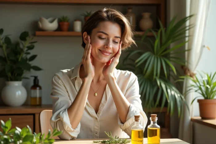 Femme appliquant une huile botanique naturelle sur le visage