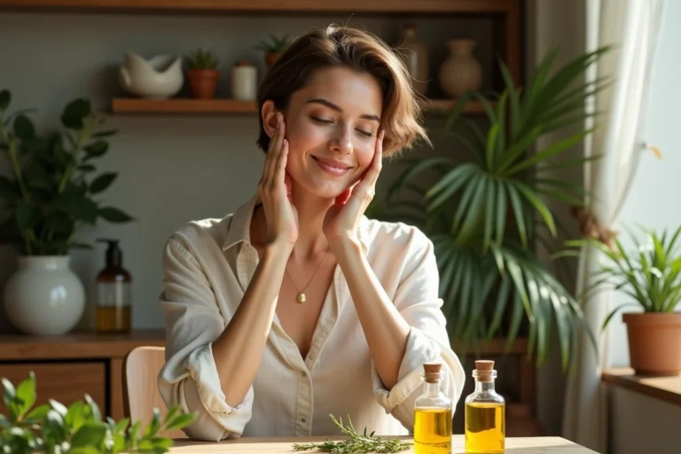 Femme appliquant une huile botanique naturelle sur le visage