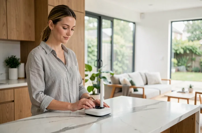 Femme utilisant un assistant vocal sur un comptoir de cuisine connectée dans un intérieur moderne et minimaliste
