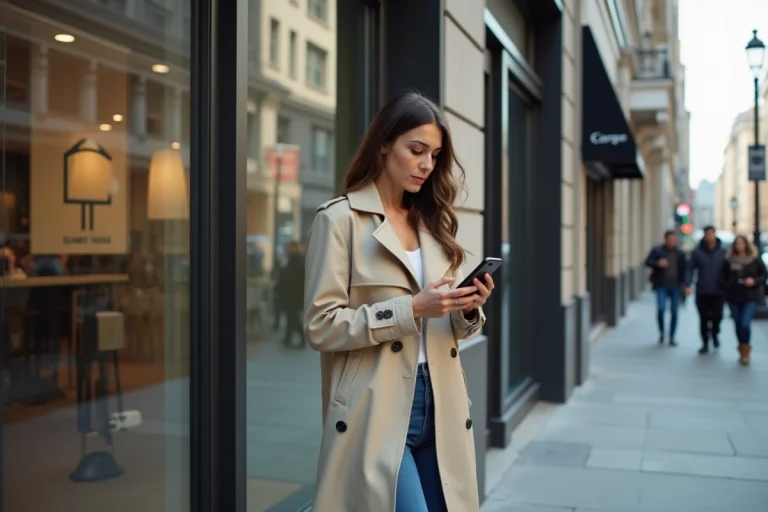 Femme élégante en trench beige et jeans dans la ville